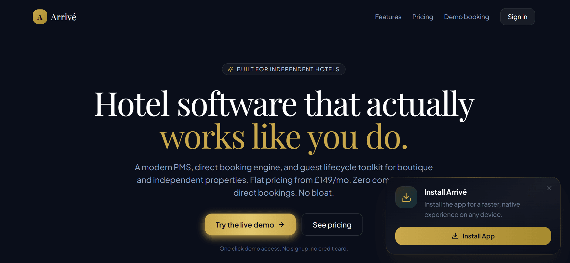 Arrivé hotel software landing page