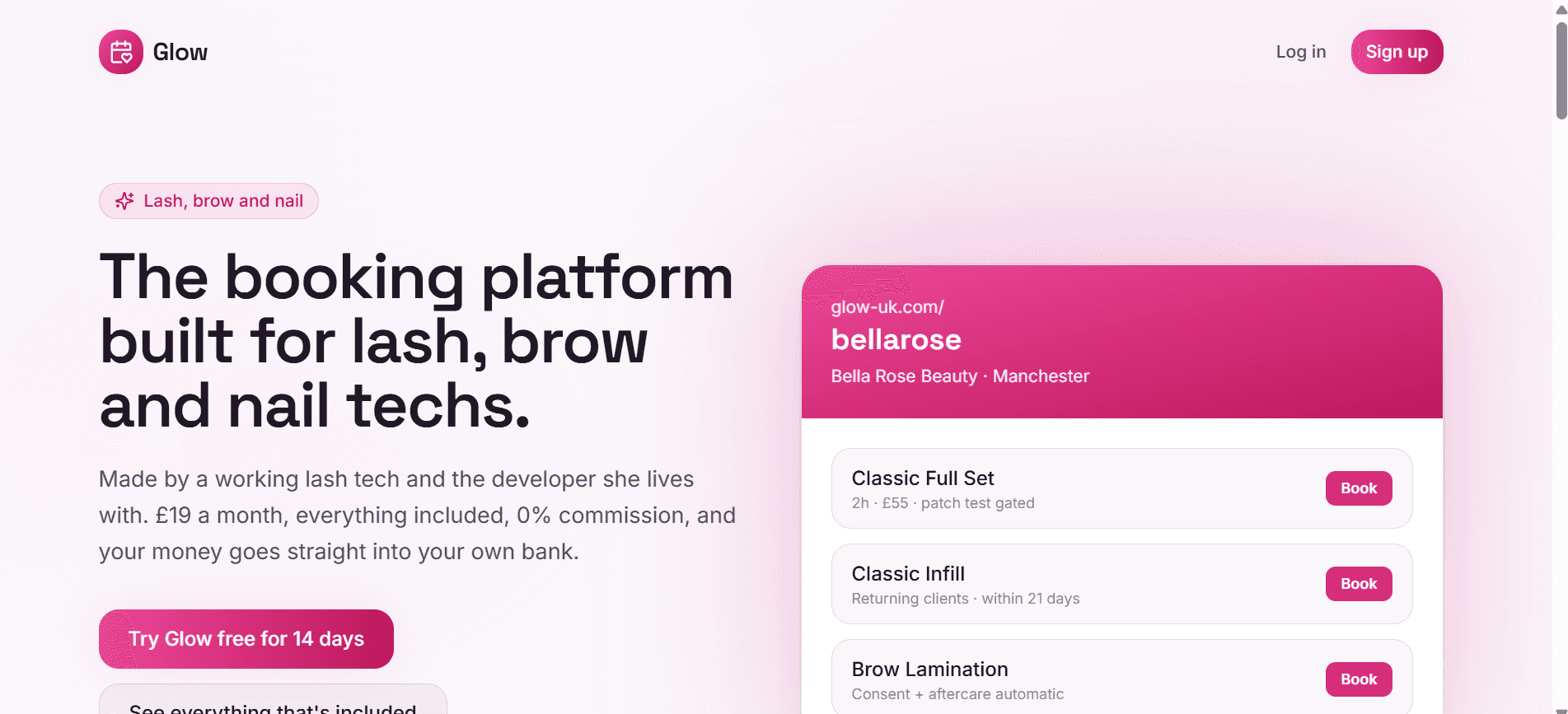 Glow booking platform landing page
